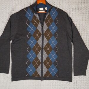 Parisian Signature Full Zip Sweater Mens XXL Grey Argyle Merino Wool Blend Italy